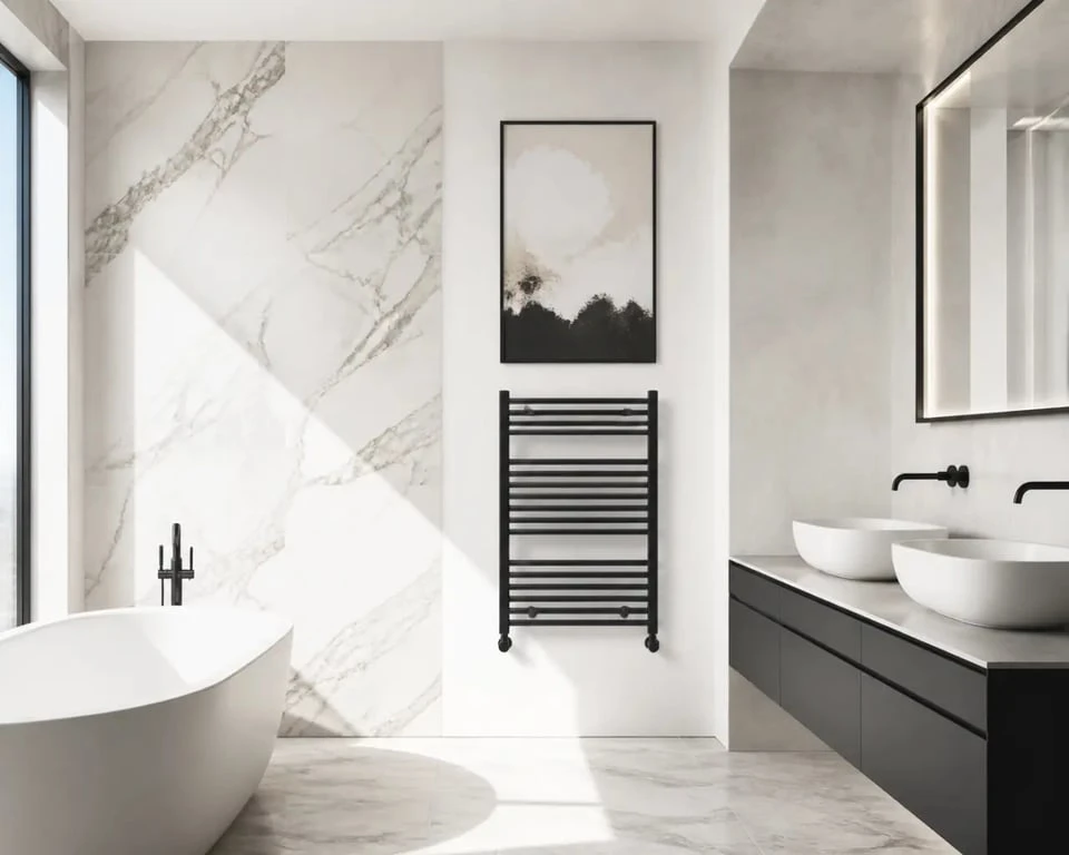 Décoration murale salle de bain dans une salle de bain moderne avec panneau effet marbre et tableau lavable