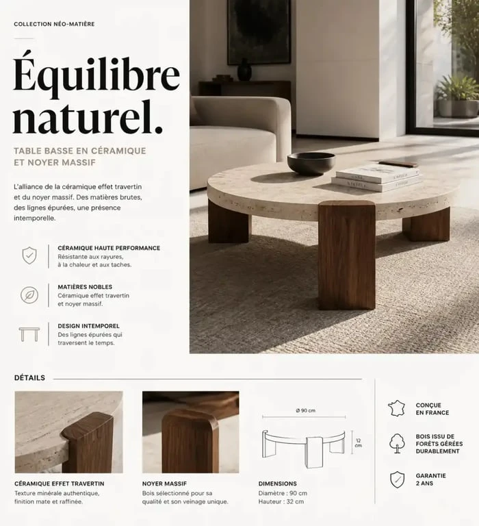 Table basse noyer et céramique effet travertin contemporaine