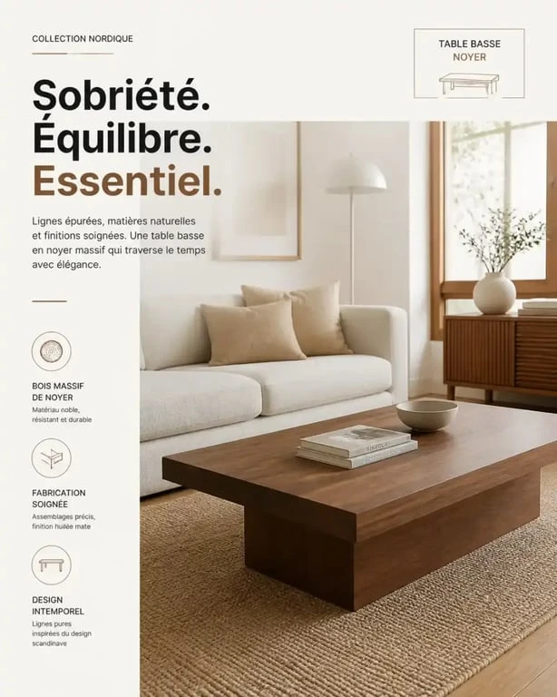 Table basse noyer style scandinave dans un salon lumineux