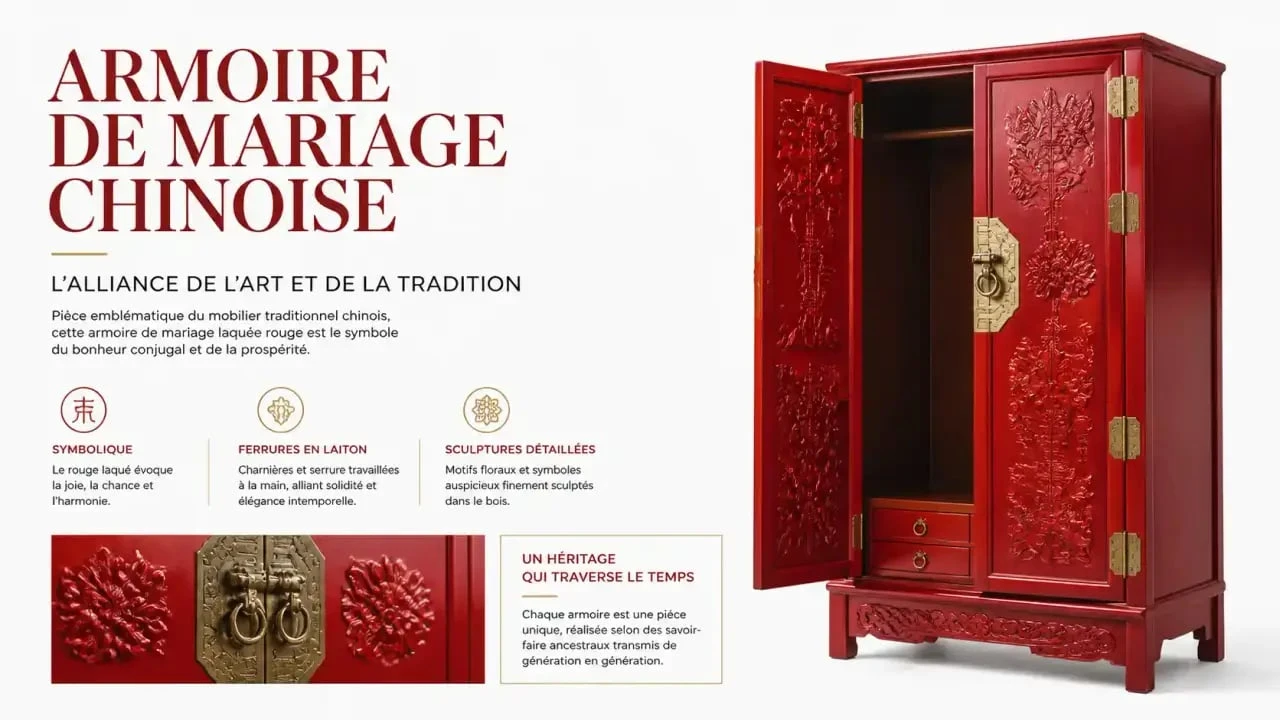 Armoire de mariage chinoise laquée rouge traditionnelle
