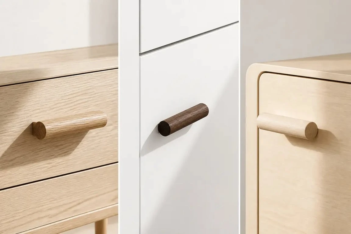 Poignée en bois pour meuble dans plusieurs ambiances déco : chêne clair, noyer et bouleau