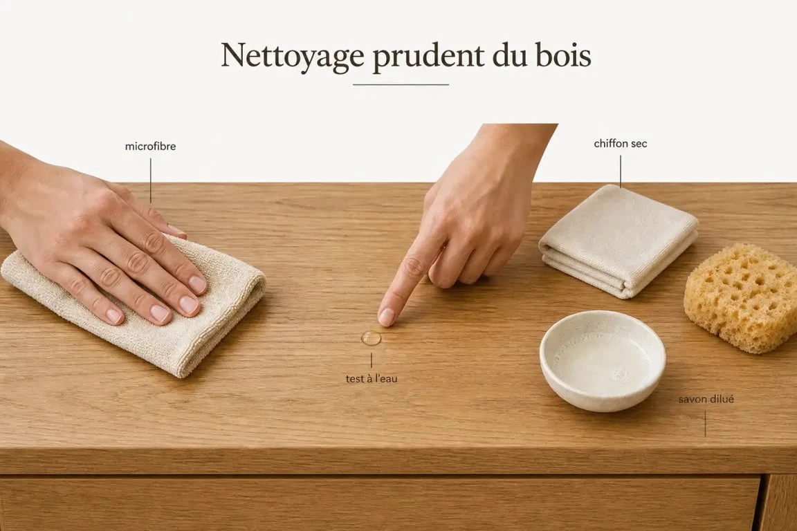 Nettoyer meuble en bois : test discret de la finition et nettoyage doux avec microfibre et chiffon sec