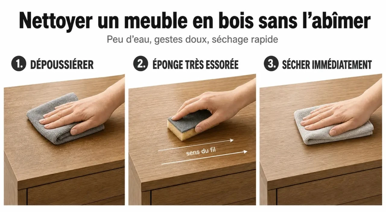 Nettoyer meuble en bois : les étapes pour dépoussiérer, laver doucement et sécher immédiatement