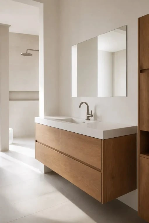 Tikamoon meuble salle de bain dans une salle de bain contemporaine avec meuble sous vasque en bois massif