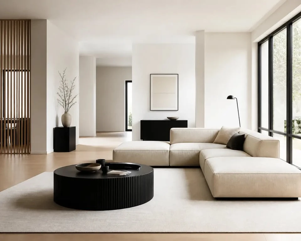 Salon contemporain avec table basse noire ronde et canapé beige
