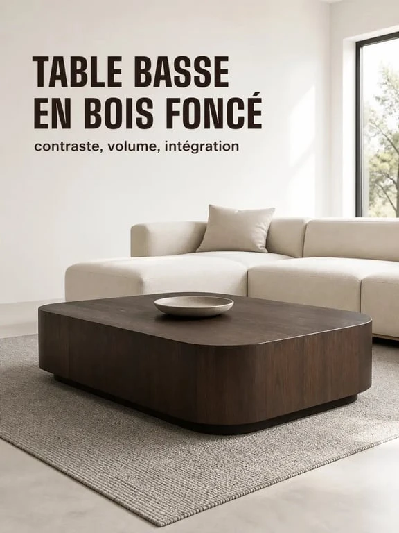 Table basse en bois foncé mise en situation dans un salon contemporain