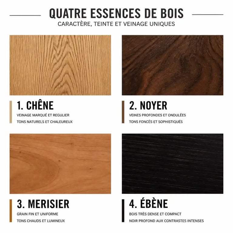 Infographie comparative des essences de bois noble pour l'aménagement intérieur