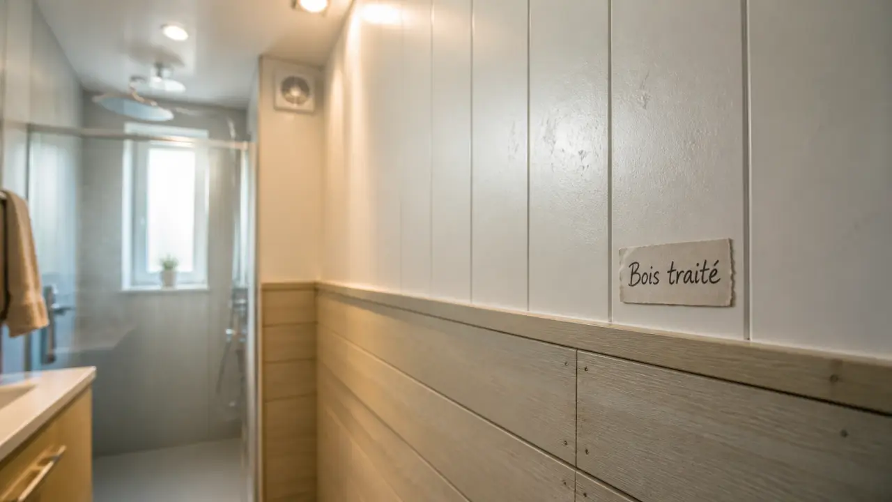 Lambris dans une salle de bain : PVC blanc et bois traité, zones humides