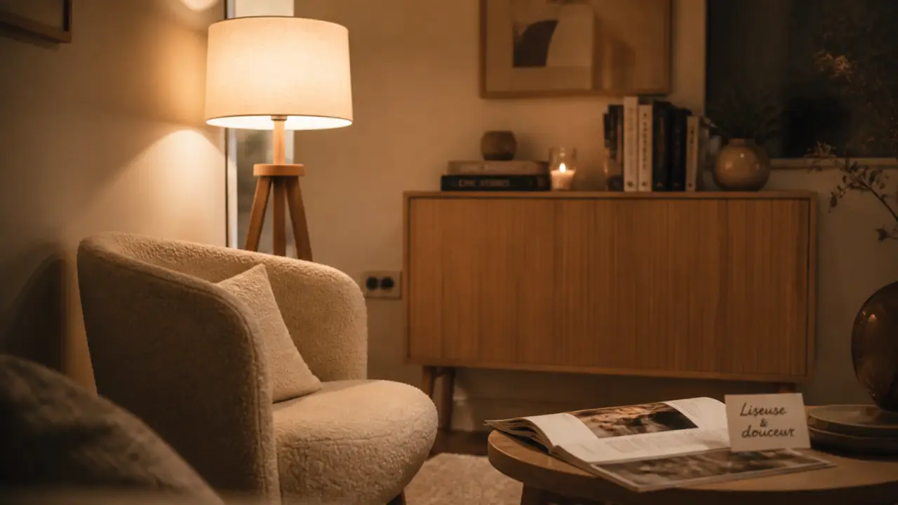 Lampe de salon sur pied éclairant un coin lecture, ambiance douce