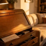 Meuble secretaire en bois dans un salon lumineux, coin bureau