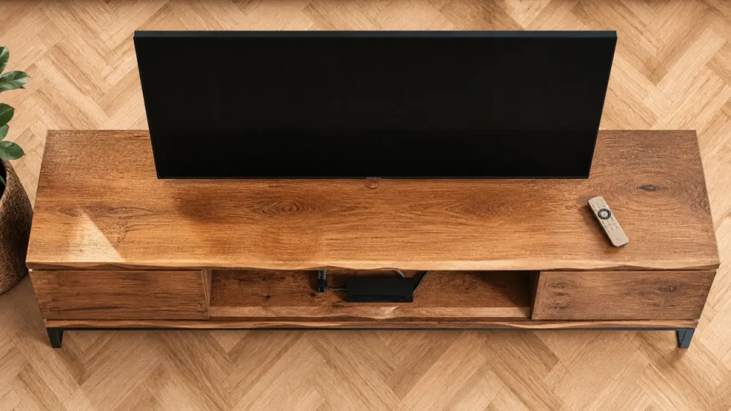 Meuble TV en bois brut : manguier, acacia, teck et rangements utiles pour le salon