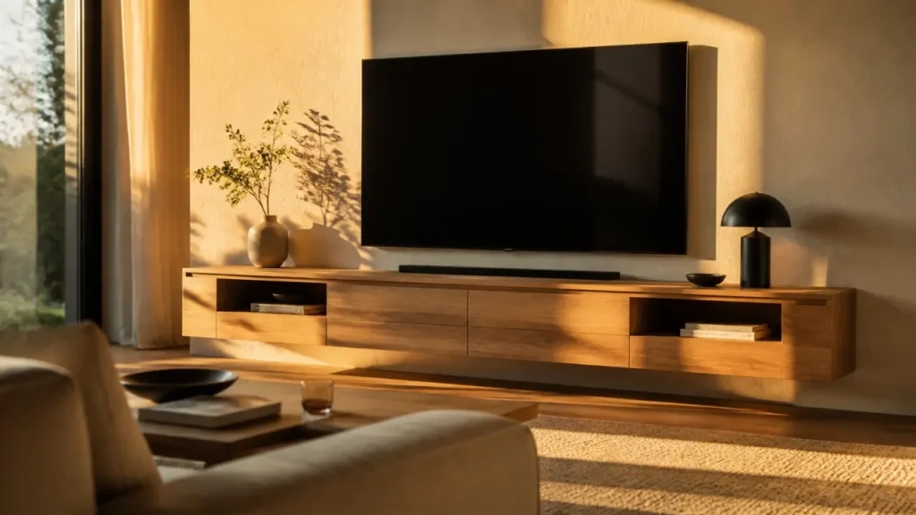 Meuble TV mural en bois : finition, rangements et dimensions pour un salon net
