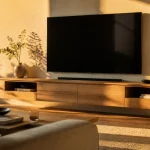 Meuble tv mural en bois chêne clair, salon golden hour, écran fin