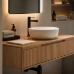 Meuble vasque en bois suspendu double vasque 85-90 cm, humidité maîtrisée