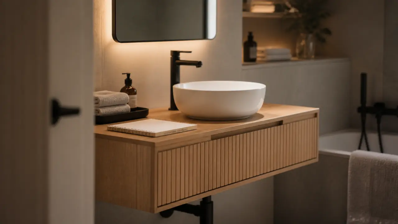 Meuble vasque en bois suspendu double vasque 85-90 cm, humidité maîtrisée