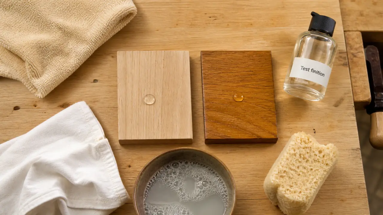 Nettoyer meuble en bois : test de finition et microfibre sur table