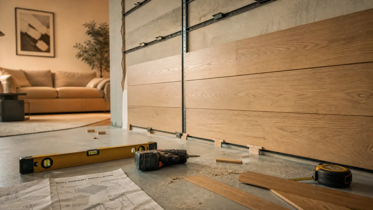 Parquet sur les murs sur rails : fixation et cales anti-humidité