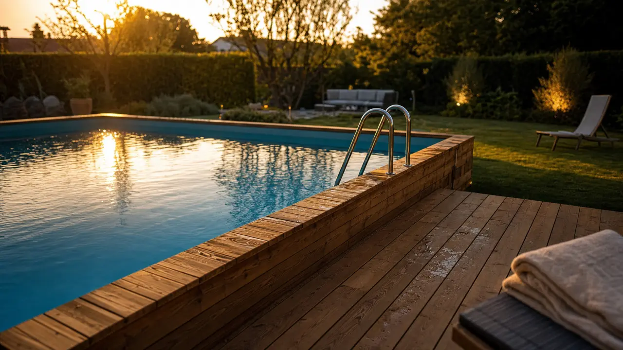 Piscine hors sol bois avec terrasse : vue jardin au golden hour