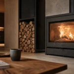Poele contemporain bois noir mat dans un salon moderne