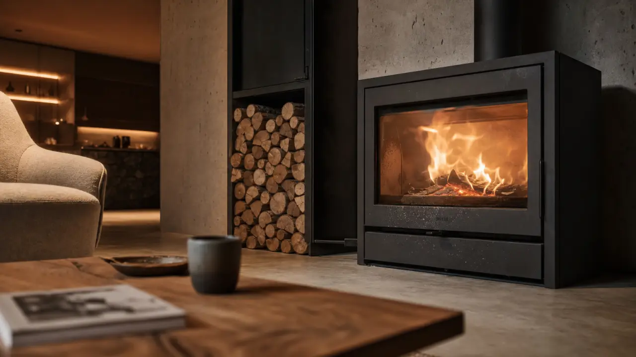 Poele contemporain bois noir mat dans un salon moderne
