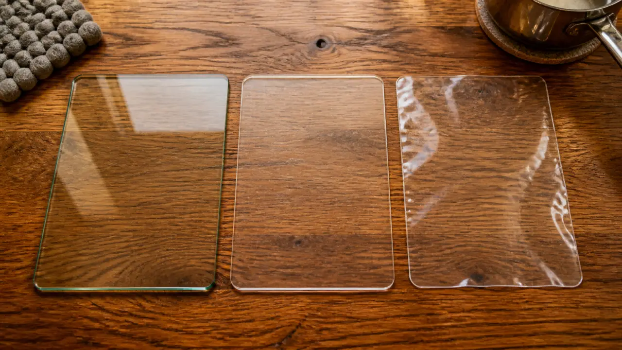 Protection table bois avec verre trempé et plexiglas sur table en bois