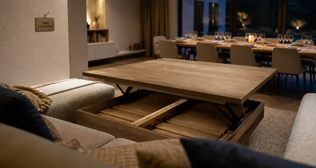 Table basse convertible : 12 convives et 3 systèmes pour optimiser votre salon