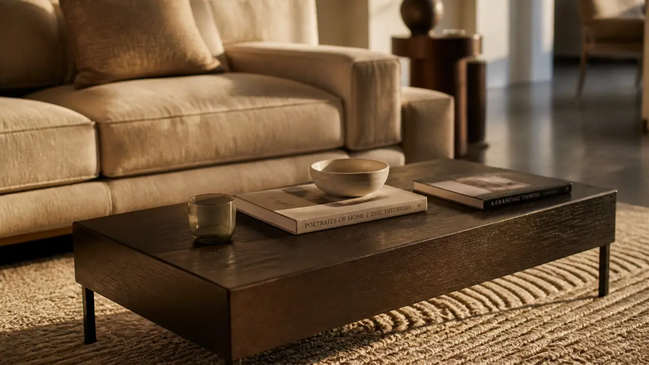 Table basse en bois foncé rectangulaire dans un salon