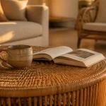 Table basse en rotin naturelle ronde dans un salon lumineux