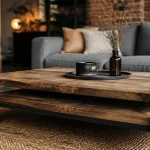 Table basse industrielle en bois recyclé et métal noir mat