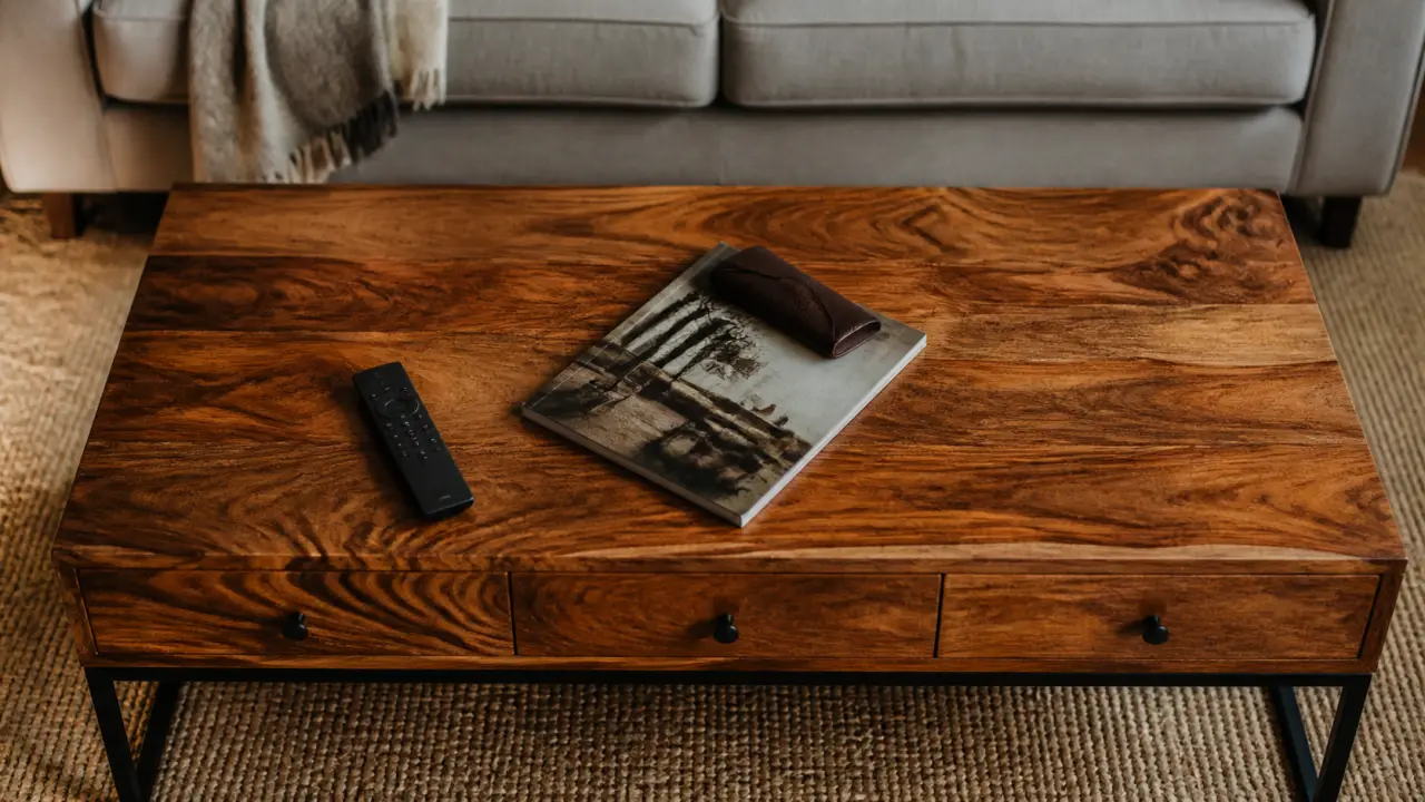Table basse manguier avec rangements, finitions et dimensions