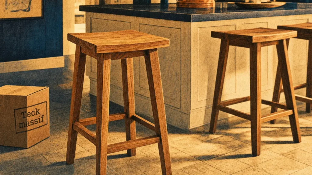 Tabouret en teck massif de 75 cm, l’assise naturelle pour l’îlot et le bar