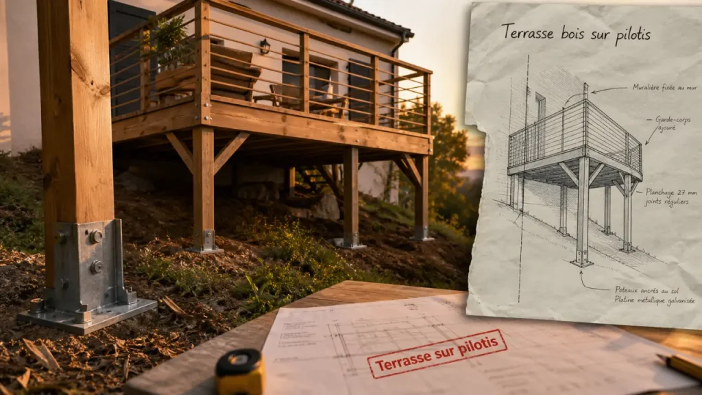 Terrasse en bois sur pilotis : pente, structure, budget et démarches à cadrer