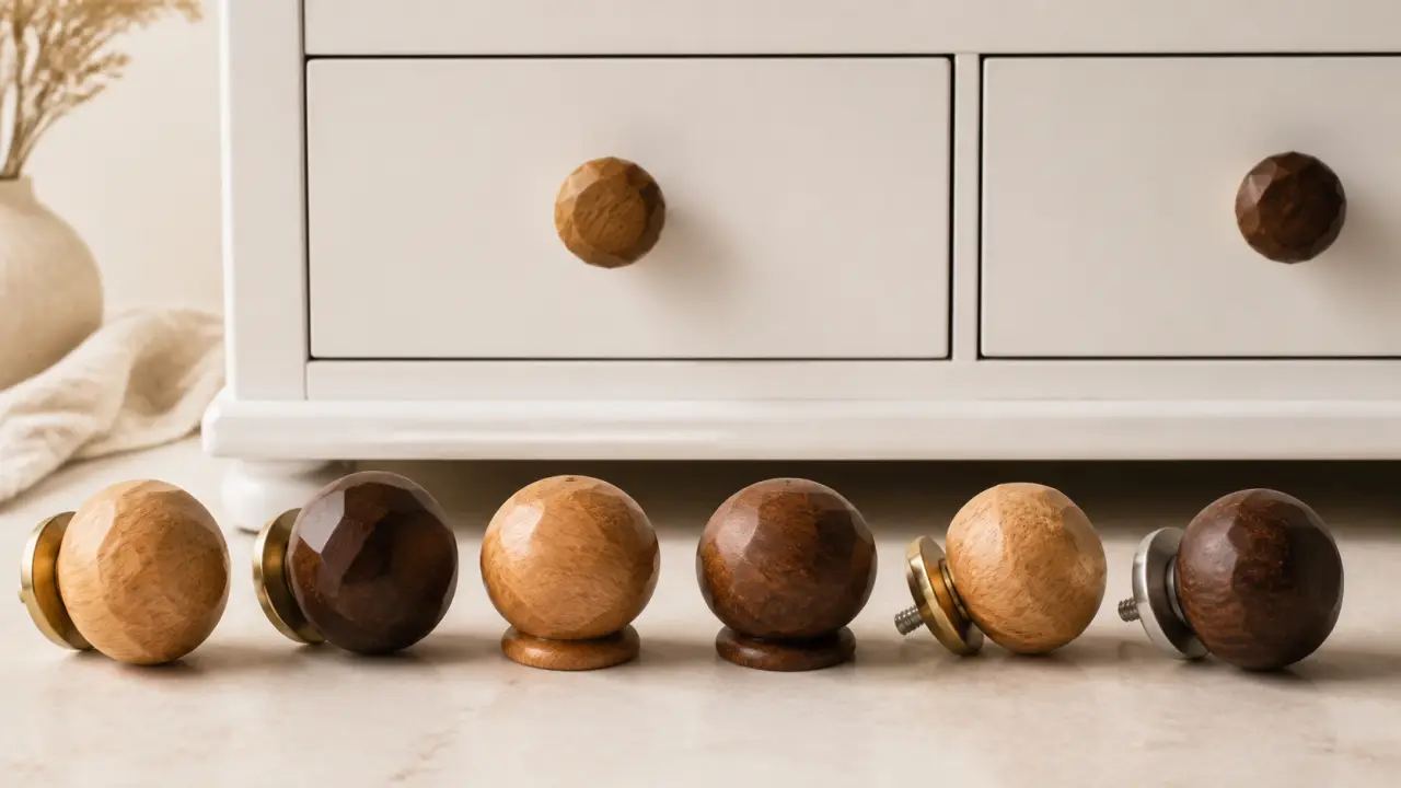 Bouton en bois pour meuble en chêne et noyer, textures bois nettes