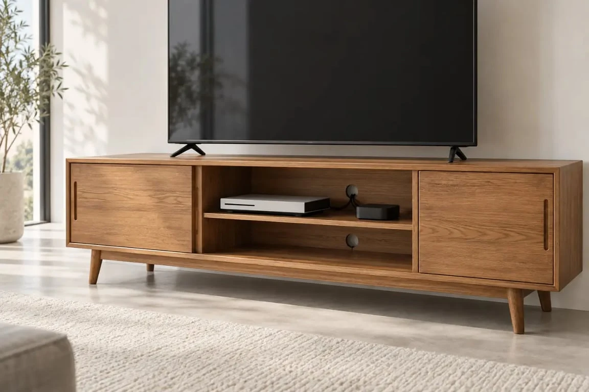 Rangements et organisation des équipements dans un meuble TV en bois vintage
