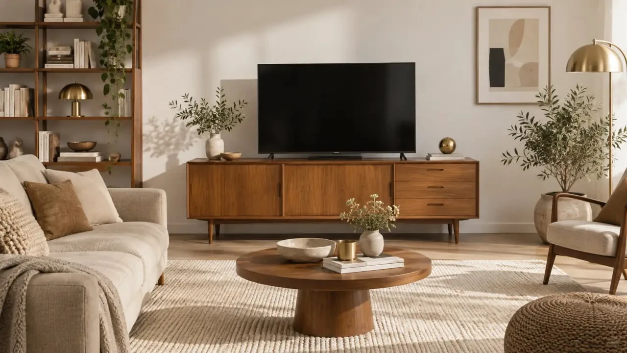 Meuble TV en bois vintage intégré dans un salon chaleureux de style rétro