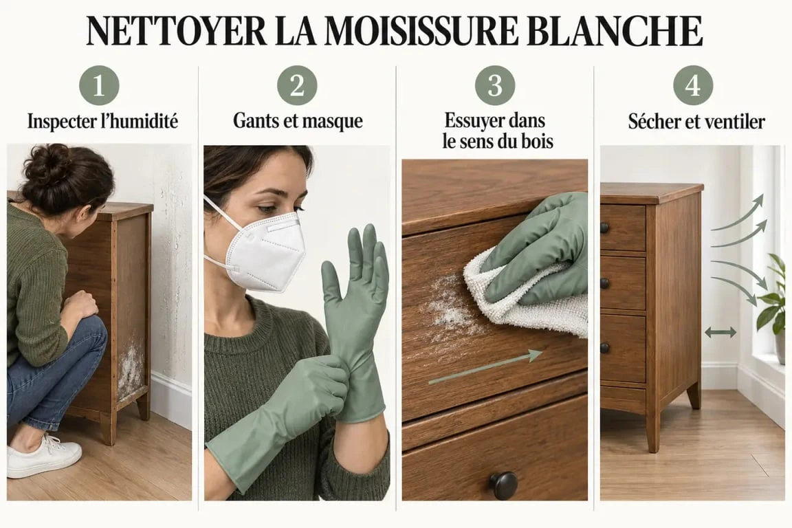 Étapes pour retirer une moisissure blanche sur un meuble en bois sans détremper les fibres