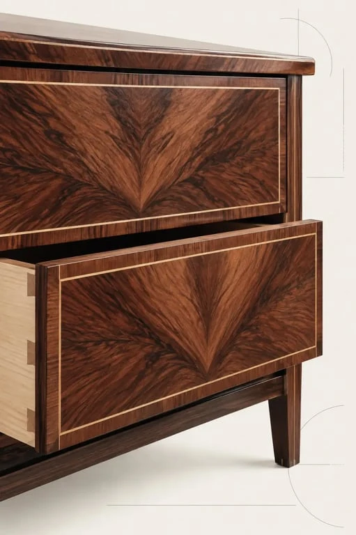 Détail d’un meuble en bois de rose avec placage en ailes de papillon et marqueterie