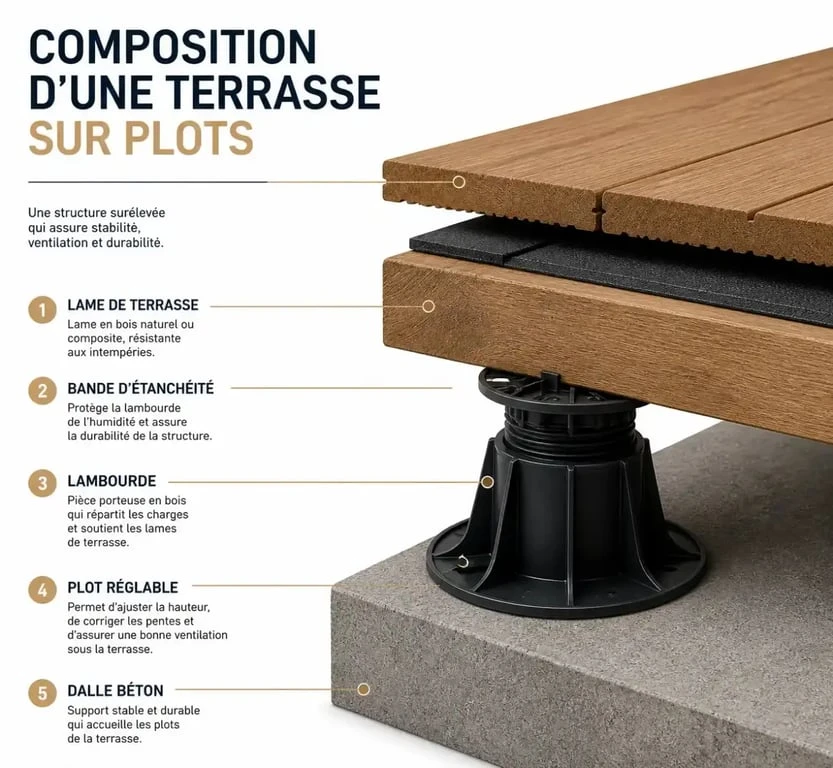 Schéma technique d'une structure de lambourde pour terrasse bois avec plots et lames