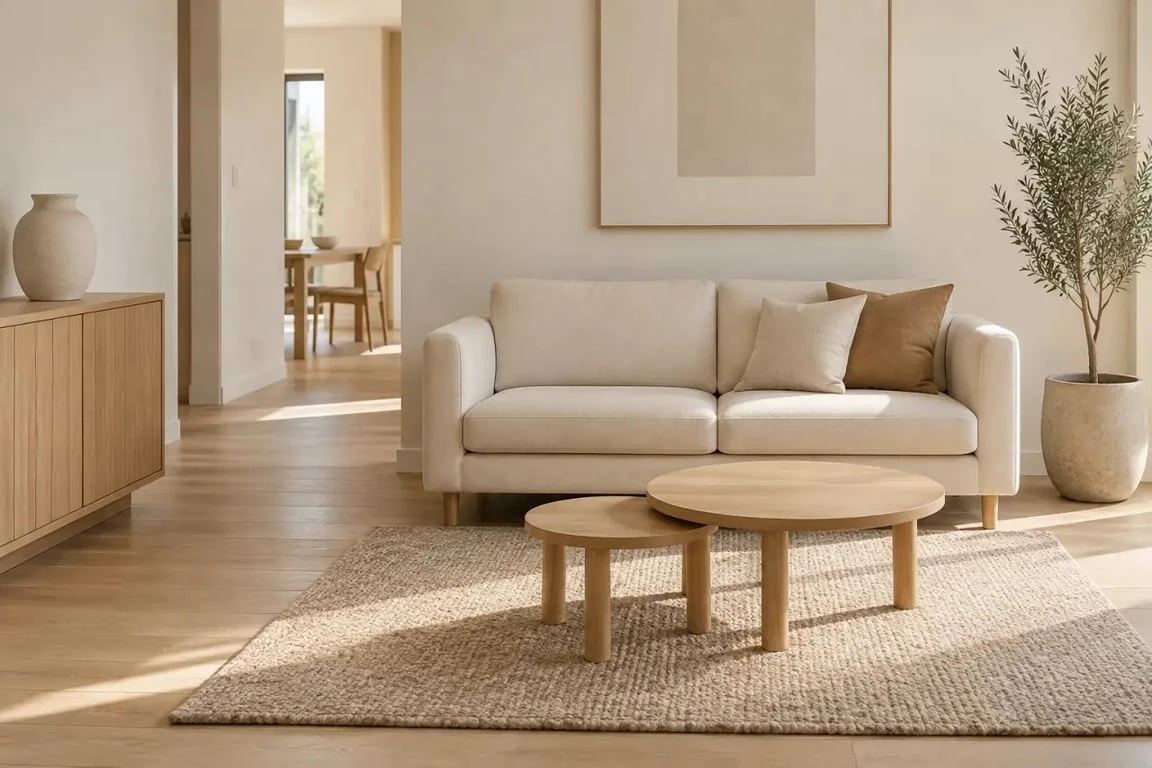 Table basse Atmosphera ronde dans un petit salon avec circulation dégagée