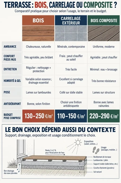 Infographie pour choisir entre terrasse bois ou carrelage, avec comparaison du prix, de l’entretien, du confort et de la pose