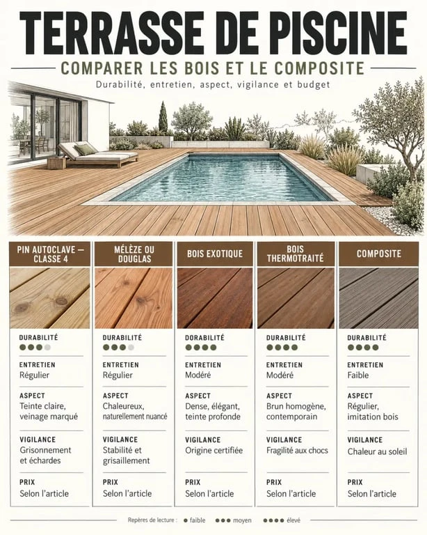 Infographie comparative des matériaux pour une piscine terrasse bois
