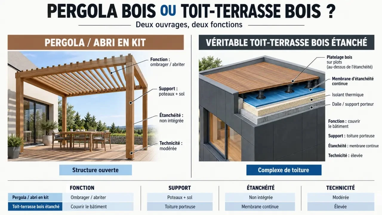 Toit terrasse bois : comparaison entre pergola en kit et toiture-terrasse étanchée
