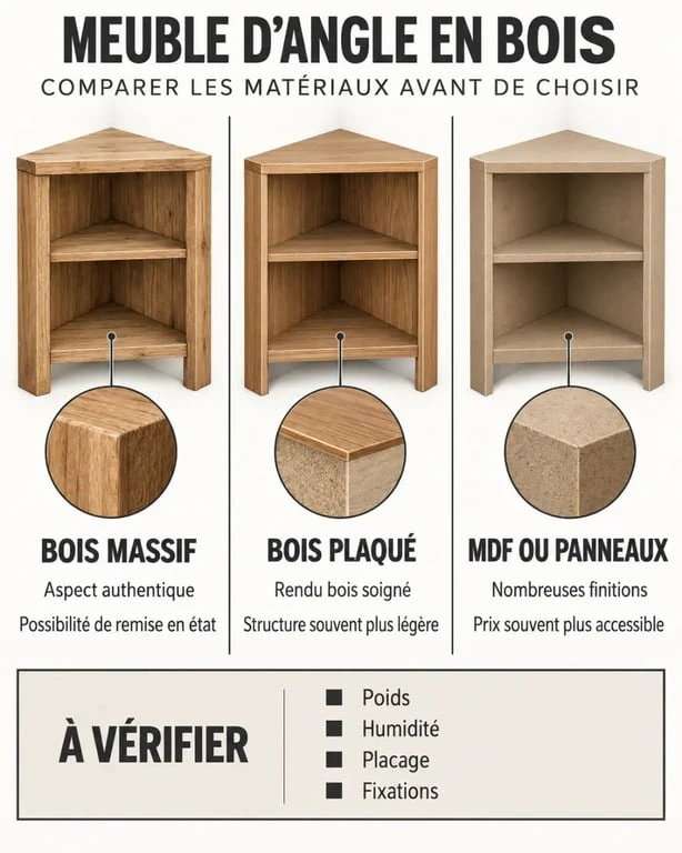 Meuble d’angle en bois : comparaison entre bois massif, bois plaqué et MDF