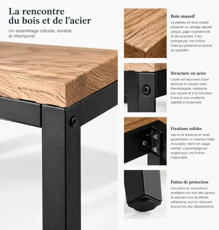 Détails de finition d'un meuble en acier et bois avec plateau en bois massif