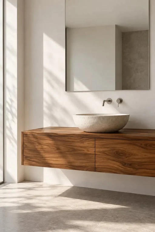 Meuble de salle de bains en bois massif teck avec vasque en pierre naturelle