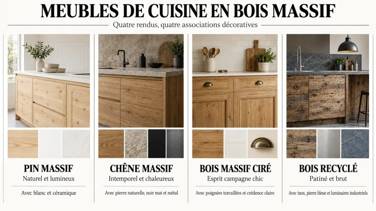 Infographie comparative de meubles de cuisine en bois massif : pin, chêne, bois ciré et bois recyclé