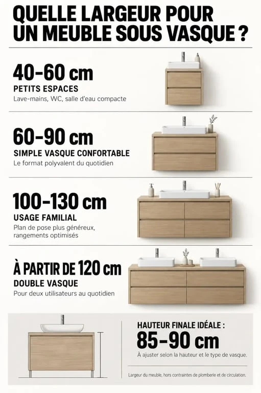 Infographie des dimensions d'un meuble sous lavabo en bois selon la taille de la salle de bain et le type de vasque