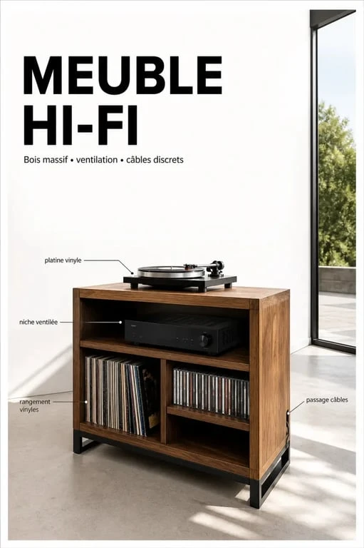 Meuble hifi en bois dans un salon avec platine vinyle, ampli et rangements pour vinyles