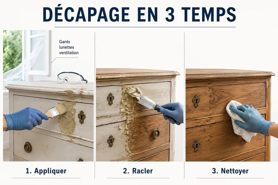 Décapant meuble en bois : décapage d'une commode avec pinceau, spatule et protections