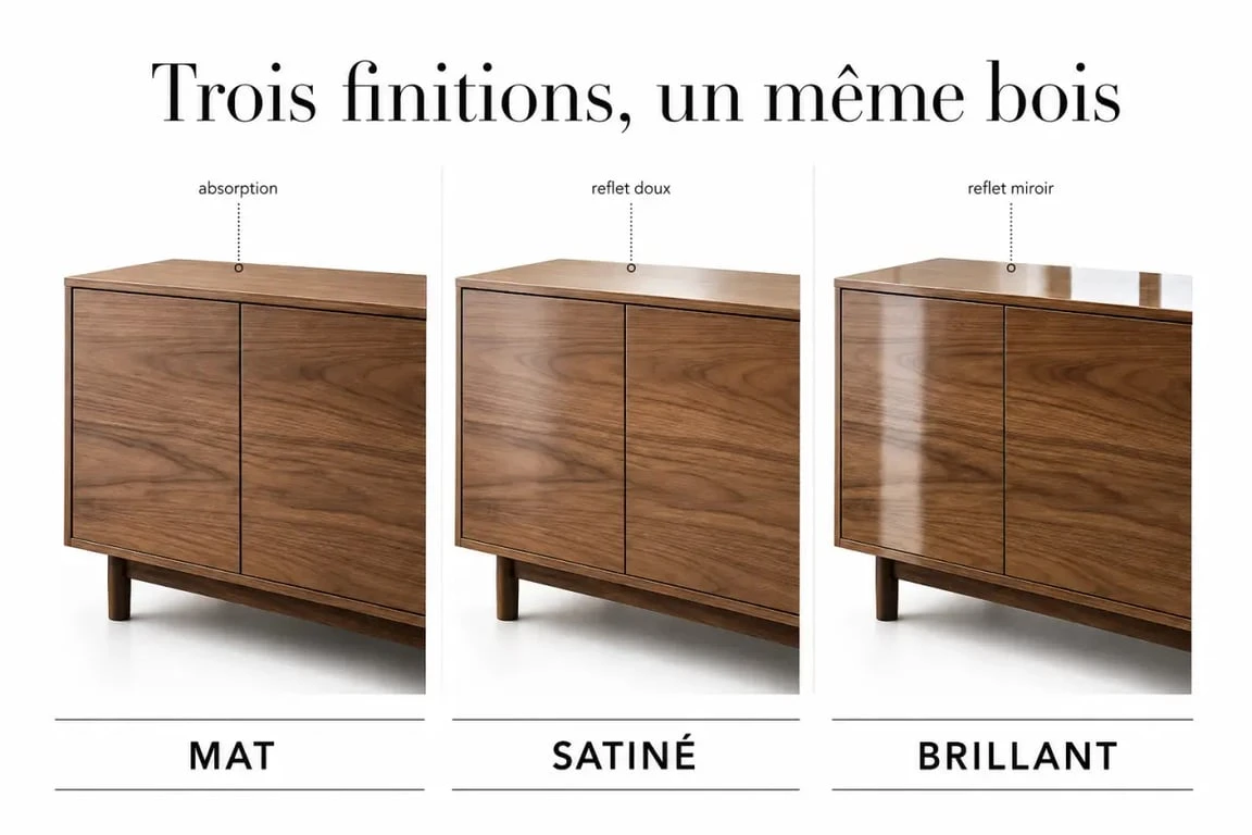 Vernis pour meuble en bois : comparaison visuelle des finitions mat, satiné et brillant sur un même meuble